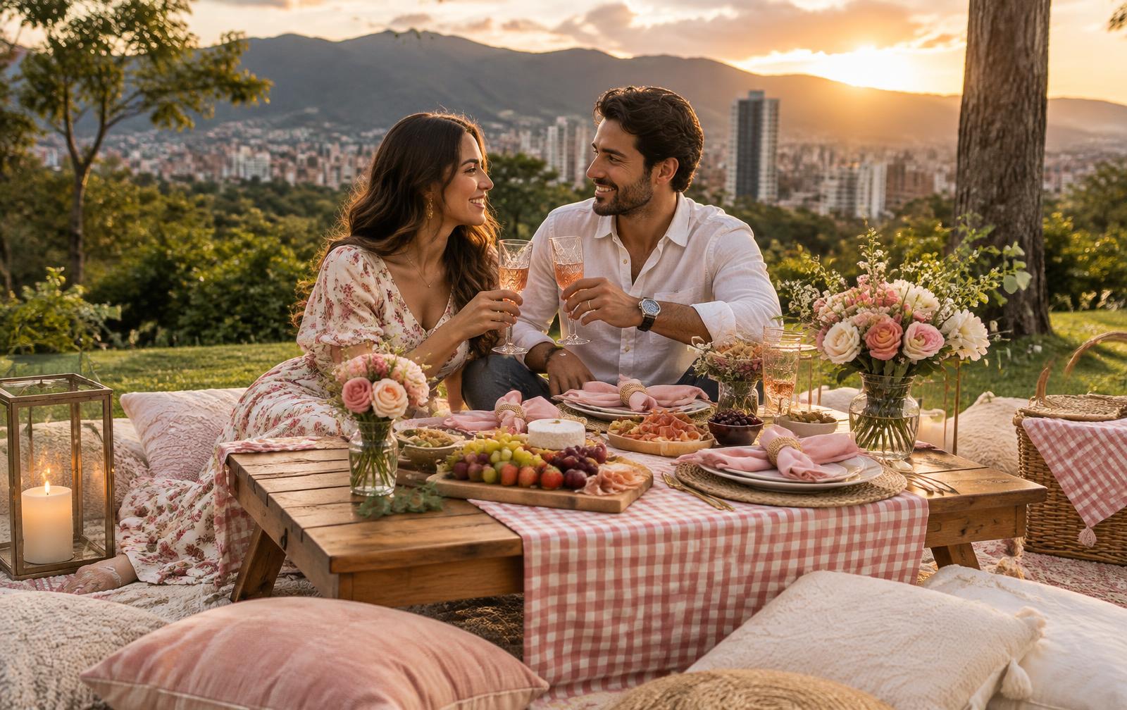 Picnic romántico de Sr. Picnik al atardecer